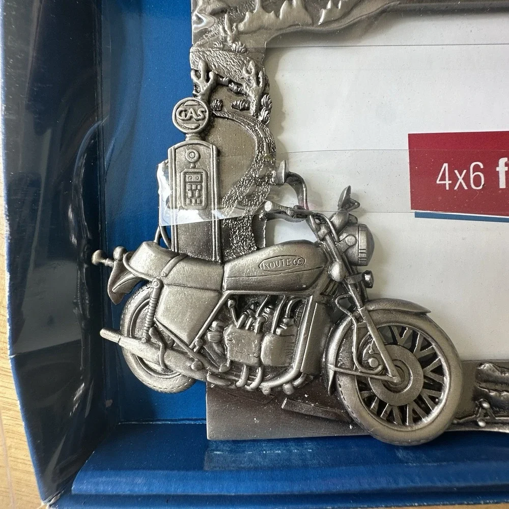 VTG Route 66 Motorcycle Frame Pewter 4x6 Photo 3D Cactus Signs Get Your Kicks On
